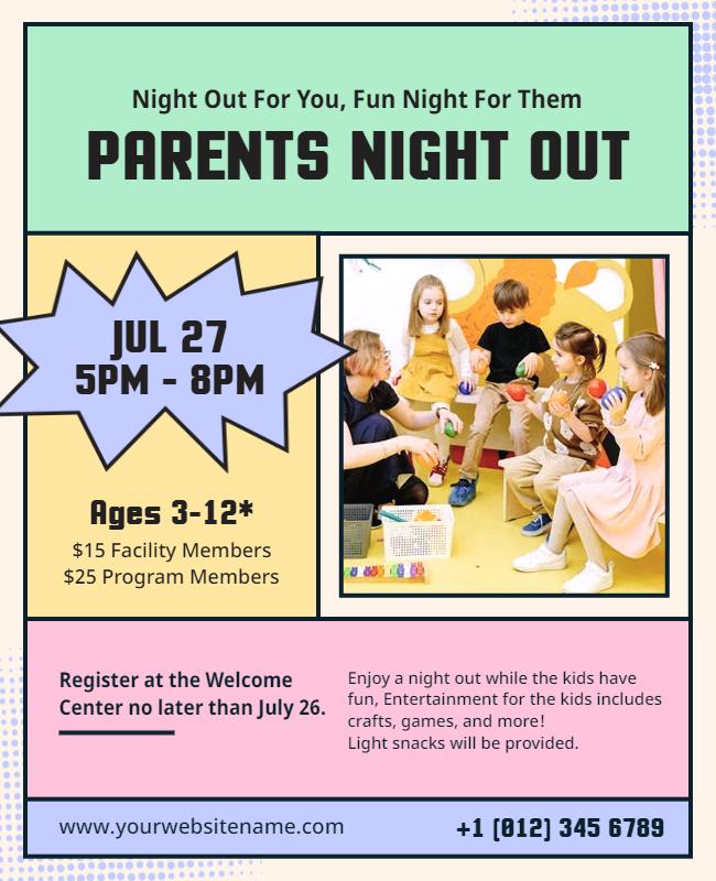 Playful Blue Parents Night Out for Kids Activities Flyer Template