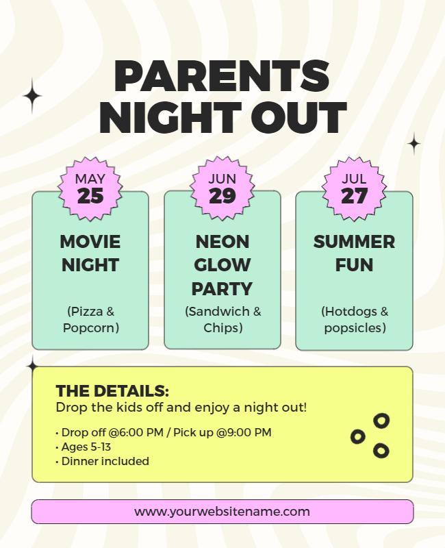 Fun Neon Themed Parents Night Out Activities Flyer Template