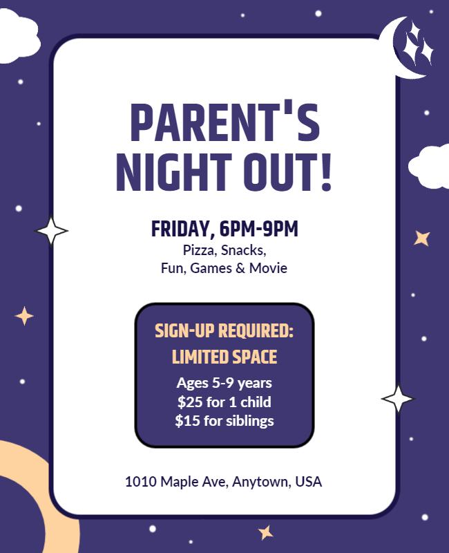 Playful Purple Parent's Night Out Activities Flyer Template