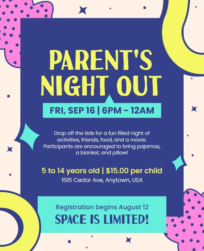 Colorful Retro Parent's Night Out Kid Activities Flyer Template