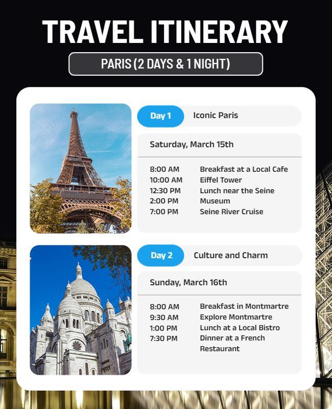 Paris Two Day Cultural Itinerary Travel Flyer Template