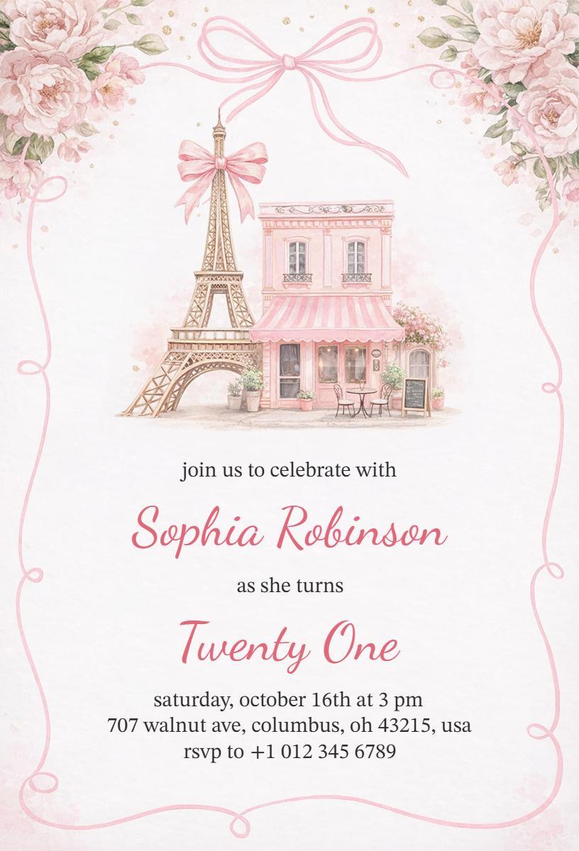 Parisian Floral 21st Birthday Celebration Invitation Template