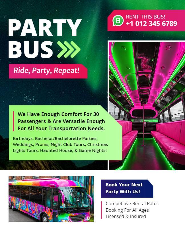 Vibrant Neon Party Bus Rental Services Flyer Template