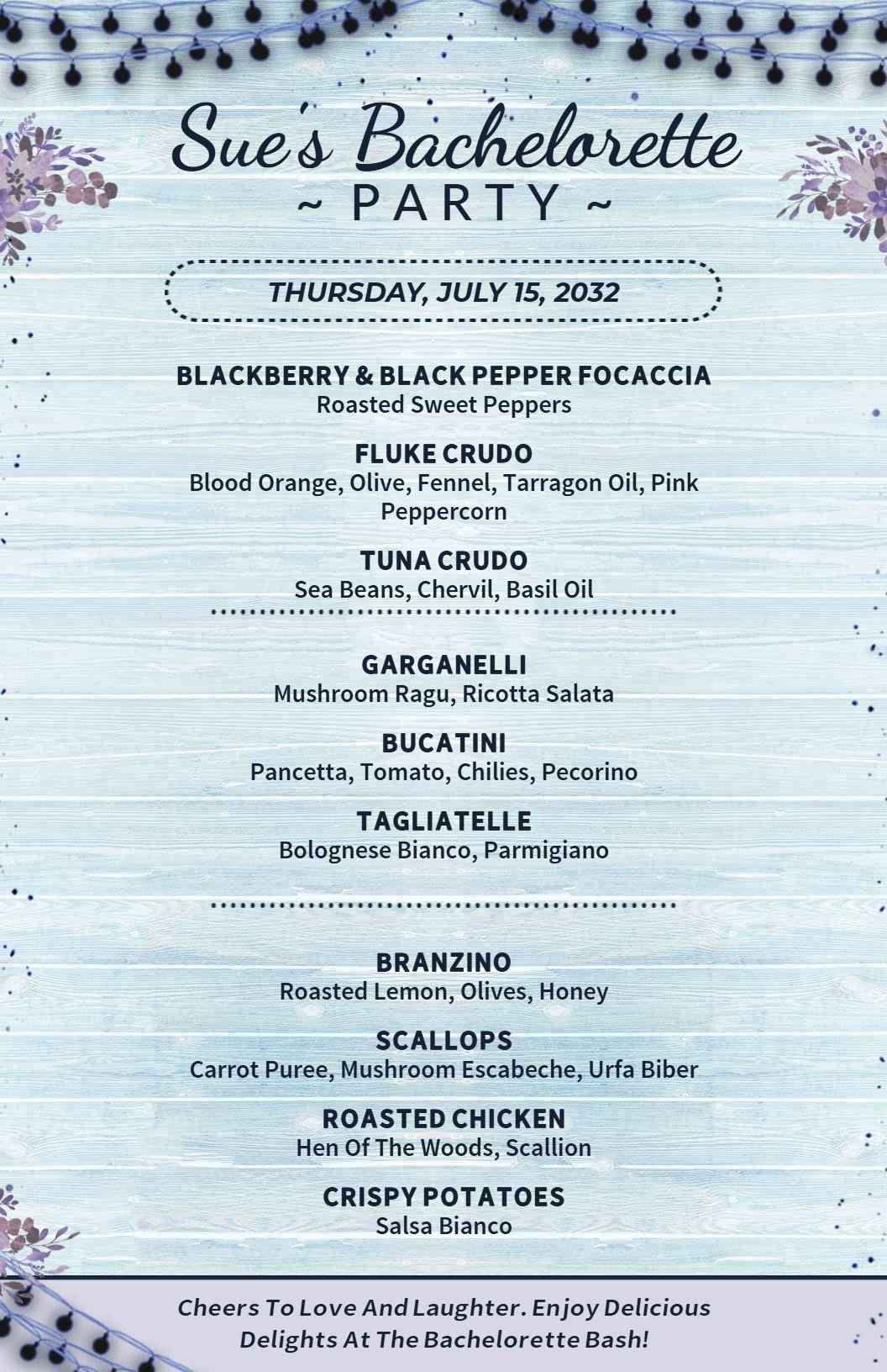 Pastel Blue and Lavender Leaves Bachelorette Menu Template