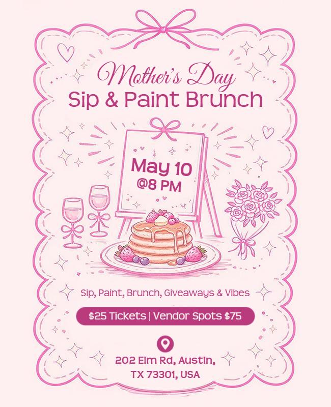 Pastel Pink Mother's Day Sip and Paint Brunch Flyer Template