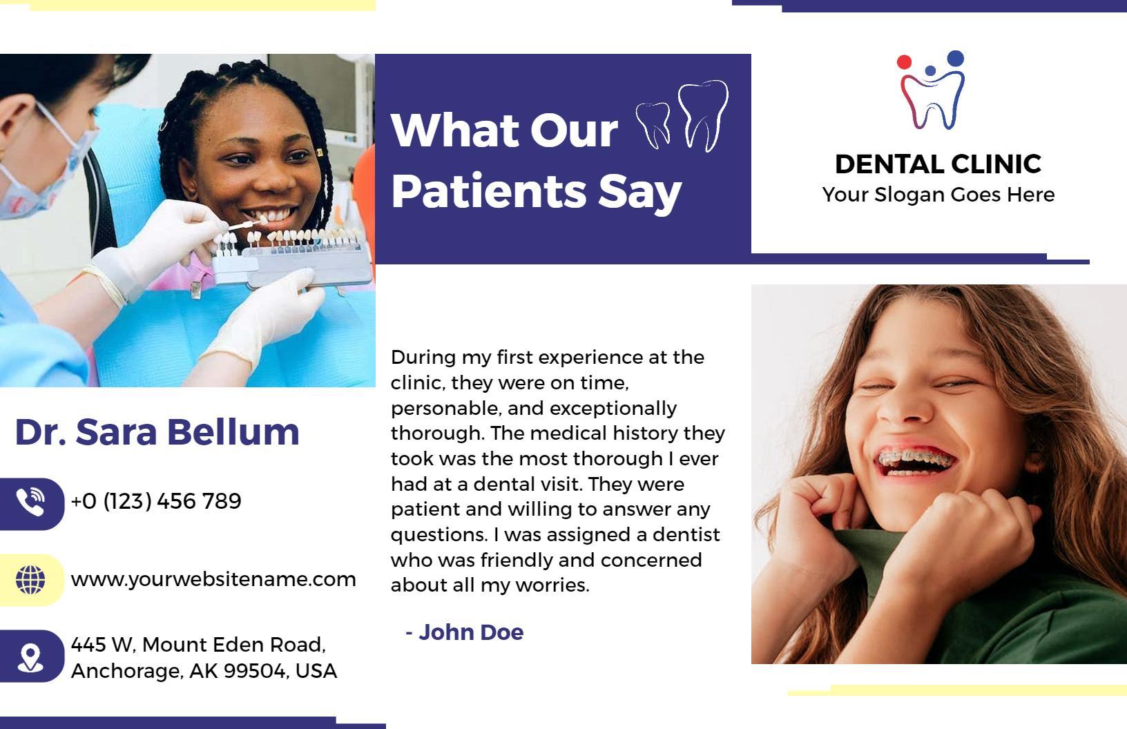 Patient-Centric Dental Care Services and Testimonials Brochure Template