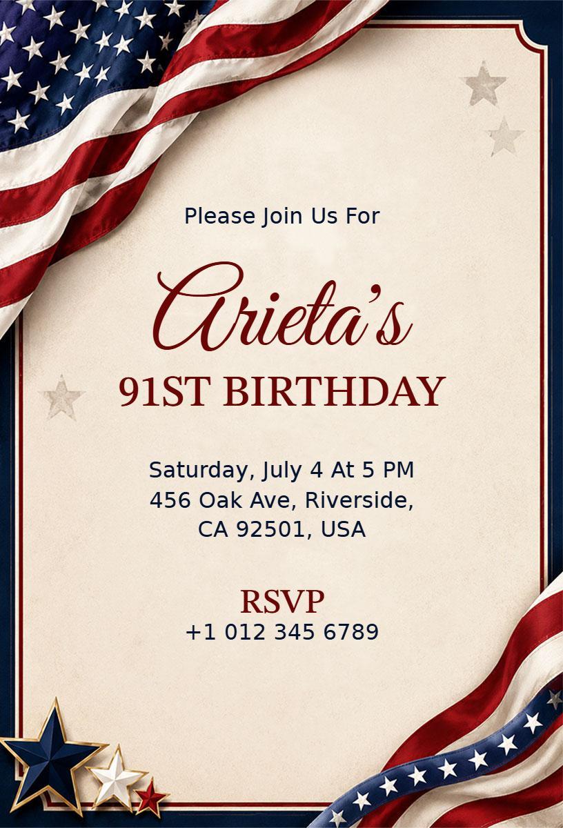 Patriotic 91st Birthday Celebration Invitation Template