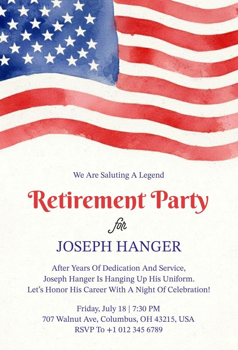 Patriotic American Flag Retirement Party Celebration Invitation Template
