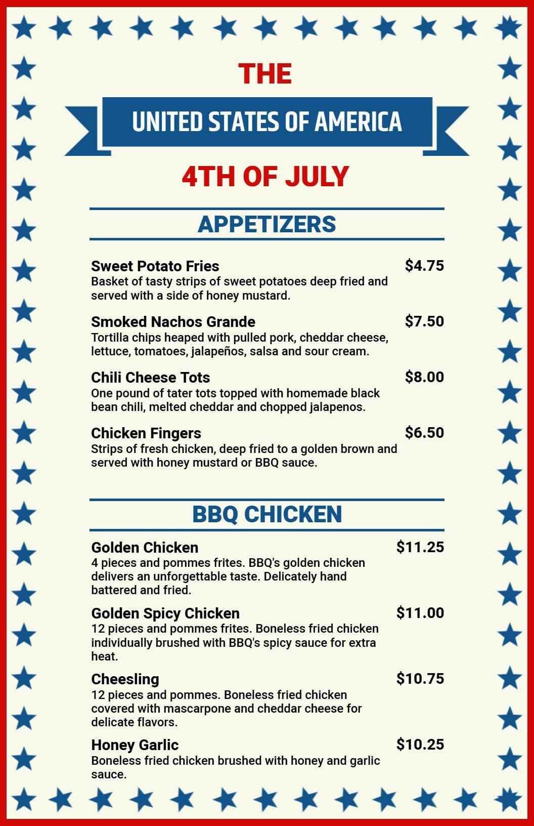 Patriotic BBQ Favorites and Festive Appetizers 4th of July Menu Template