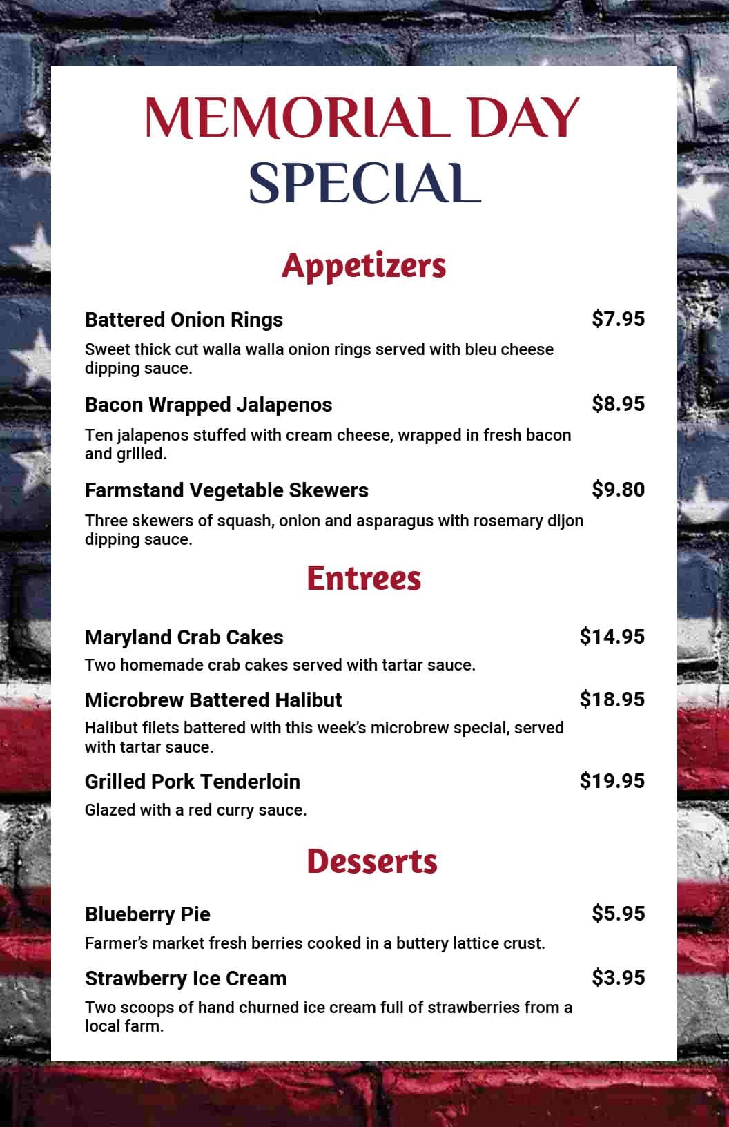Patriotic BBQ Favorites and Festive Dishes Memorial Day Menu Template