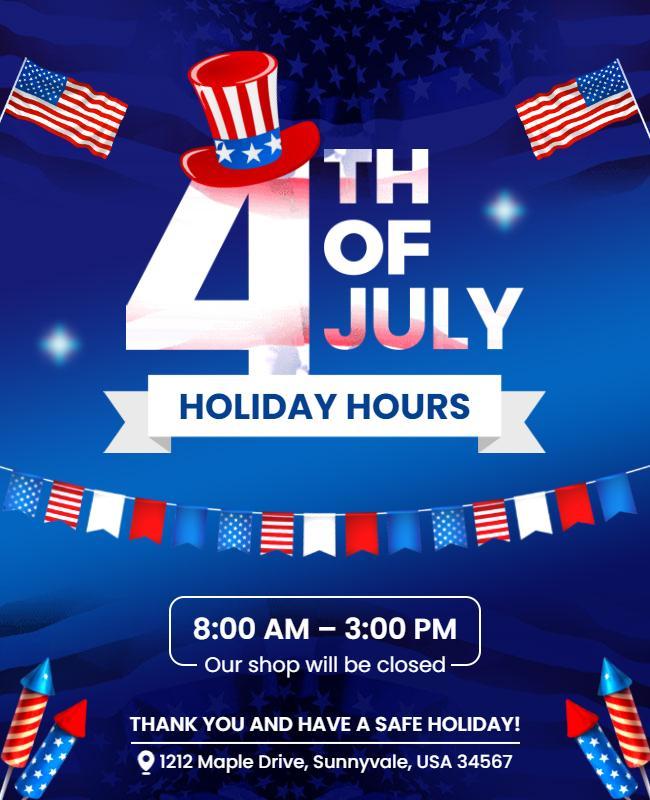 Patriotic Blue 4th of July Holiday Hours Poster Template