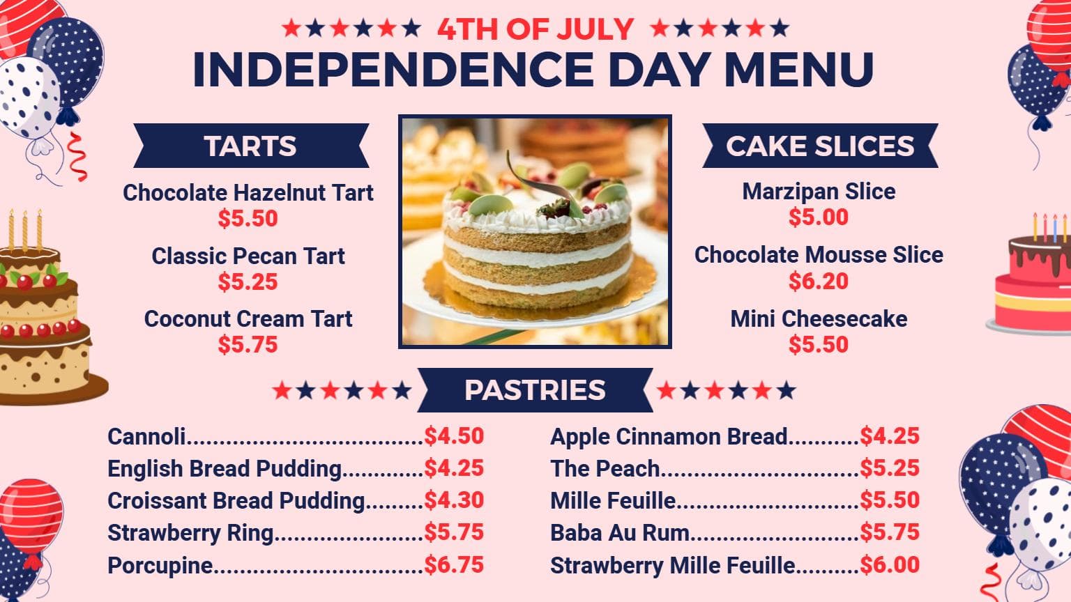 Patriotic Desserts and Sweet Treats for Celebrating 4th of July Menu Template