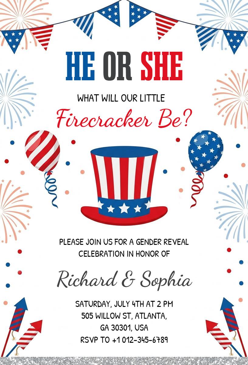 Patriotic Gender Reveal Firecracker Celebration Invitation Template