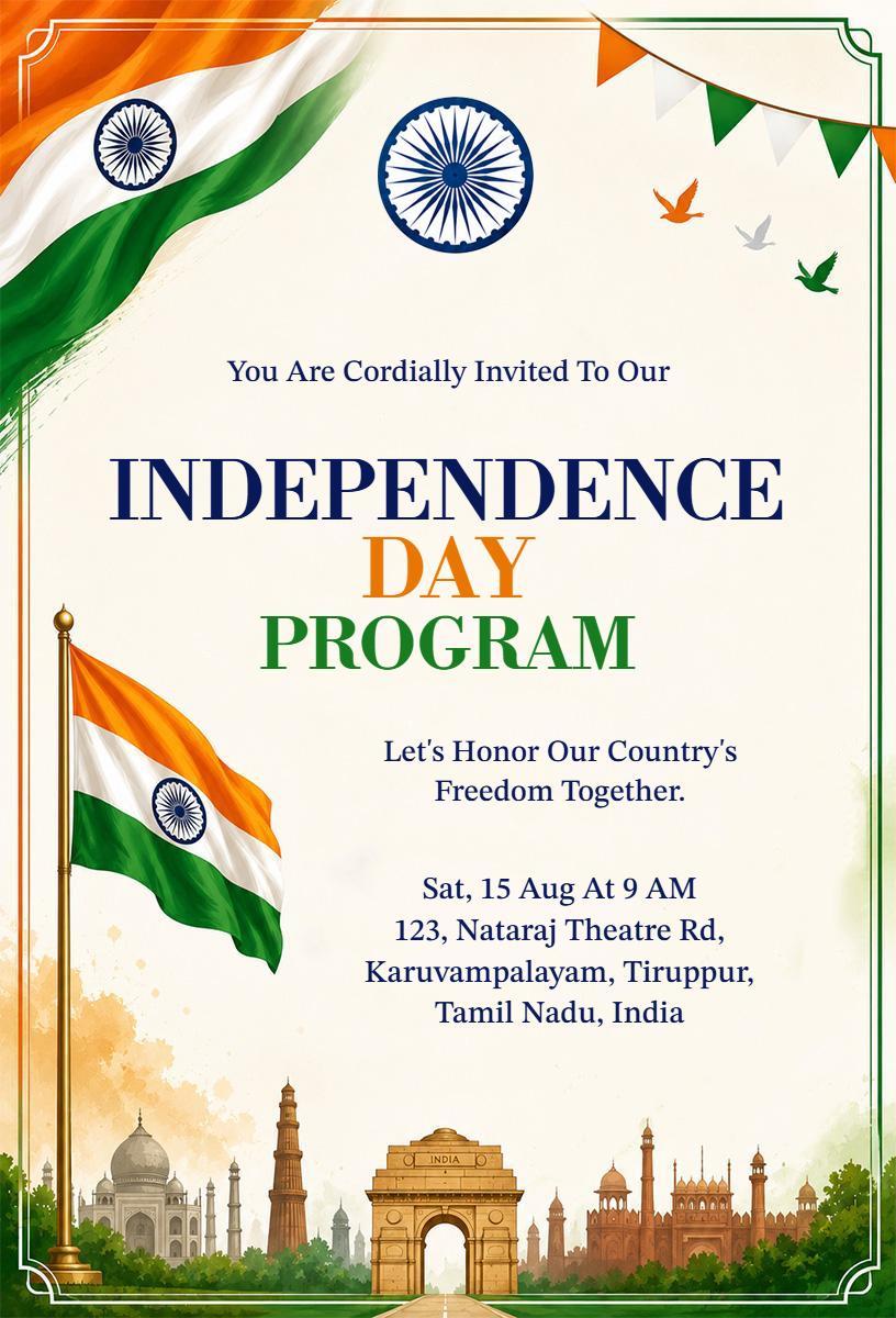 Patriotic Independence Day Celebration India Invitation Template