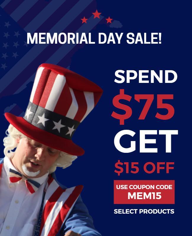 Patriotic Red and Blue Memorial Day Sale Discount Poster Template
