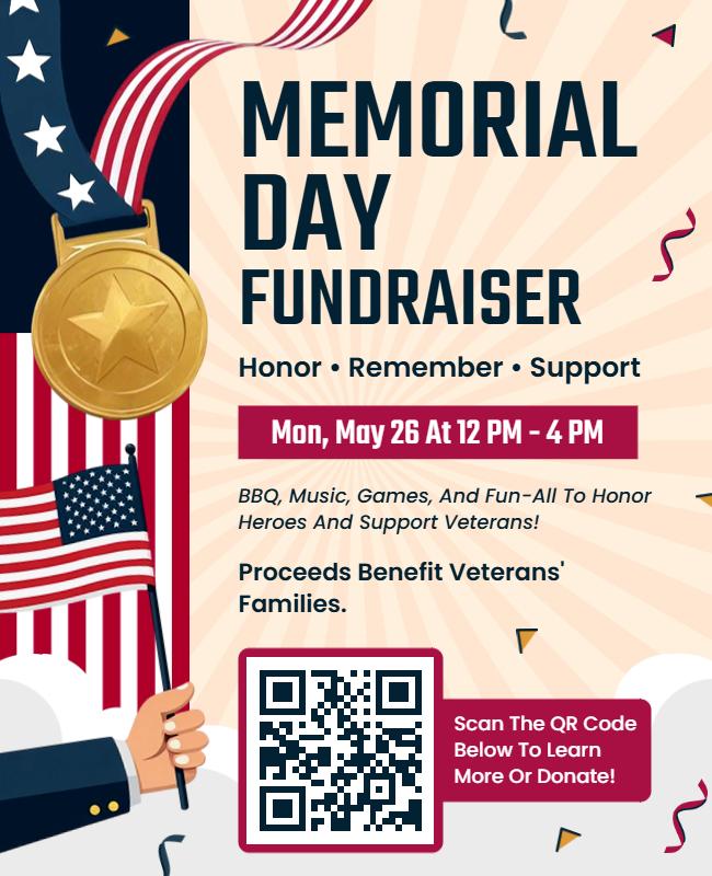 Patriotic Red White and Blue Memorial Day Fundraiser Poster Template