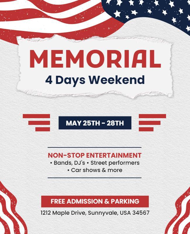 Patriotic Red White and Blue Memorial Weekend Festival Poster Template