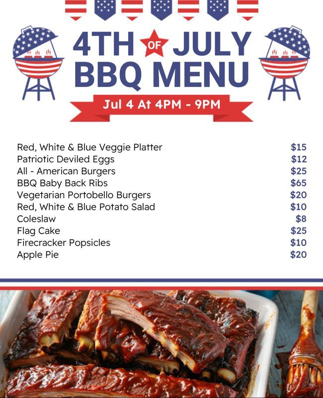 Patriotic Red White Blue 4th of July BBQ Menu Flyer Template
