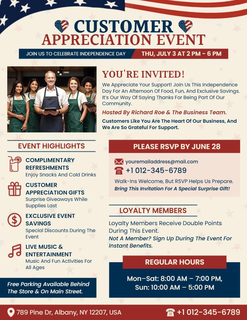 Patriotic Red White Blue Independence Day Appreciation Flyer Template