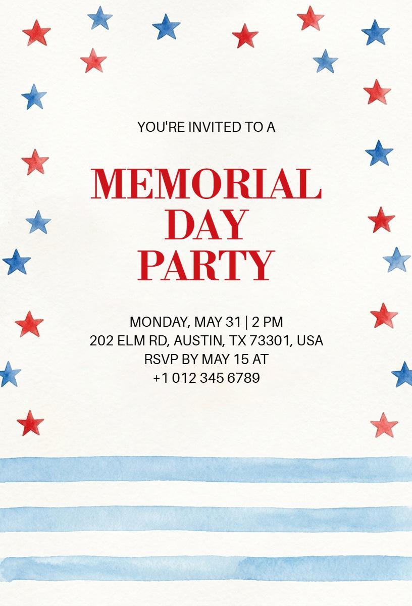 Patriotic Red White Blue Memorial Day Celebration Invitation Template