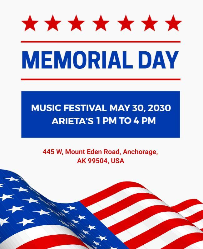 Patriotic Red White Blue Memorial Day Music Festival Poster Template