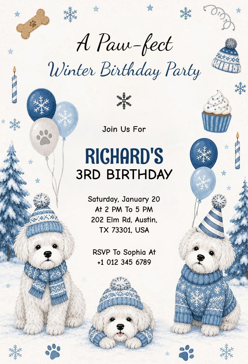 Paw-fect Winter Dog Birthday Celebration Invitation Template