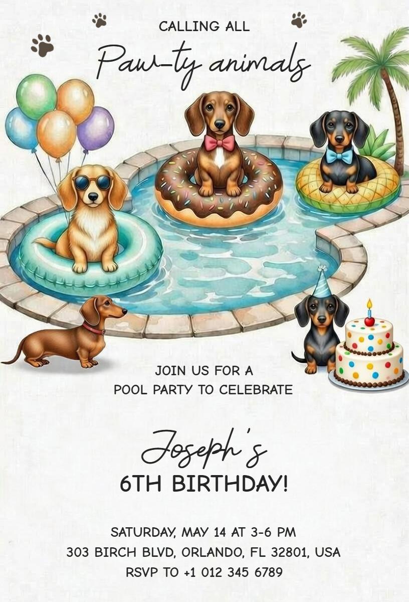 Paw-ty Animals Pool Party Dog Birthday Celebration Invitation Template