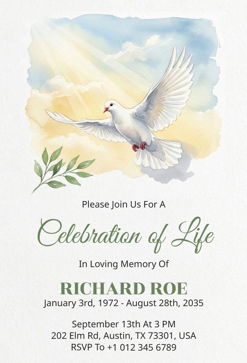 Peaceful Dove Inspired Celebration Of Life Invitation Template