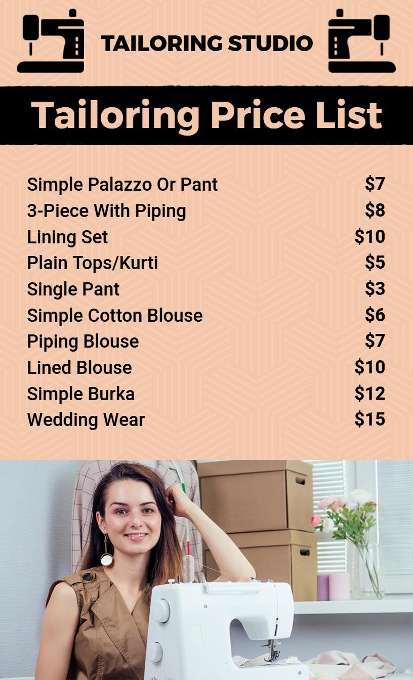 Peach and Black Tailoring Service Price List Template