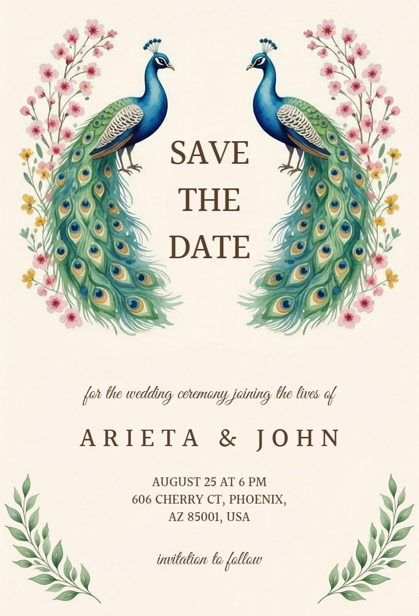 Peacock Elegance Save The Date Wedding Invitation Template