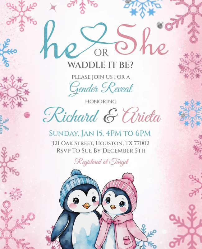 Penguin Themed Gender Reveal Party Flyer Template