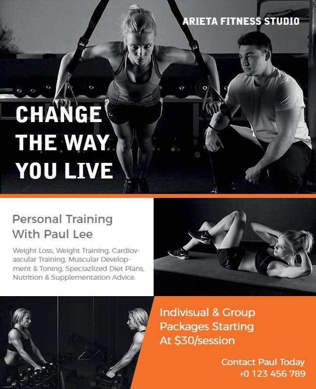 Modern Black and Orange Personal Training Fitness Flyer Template