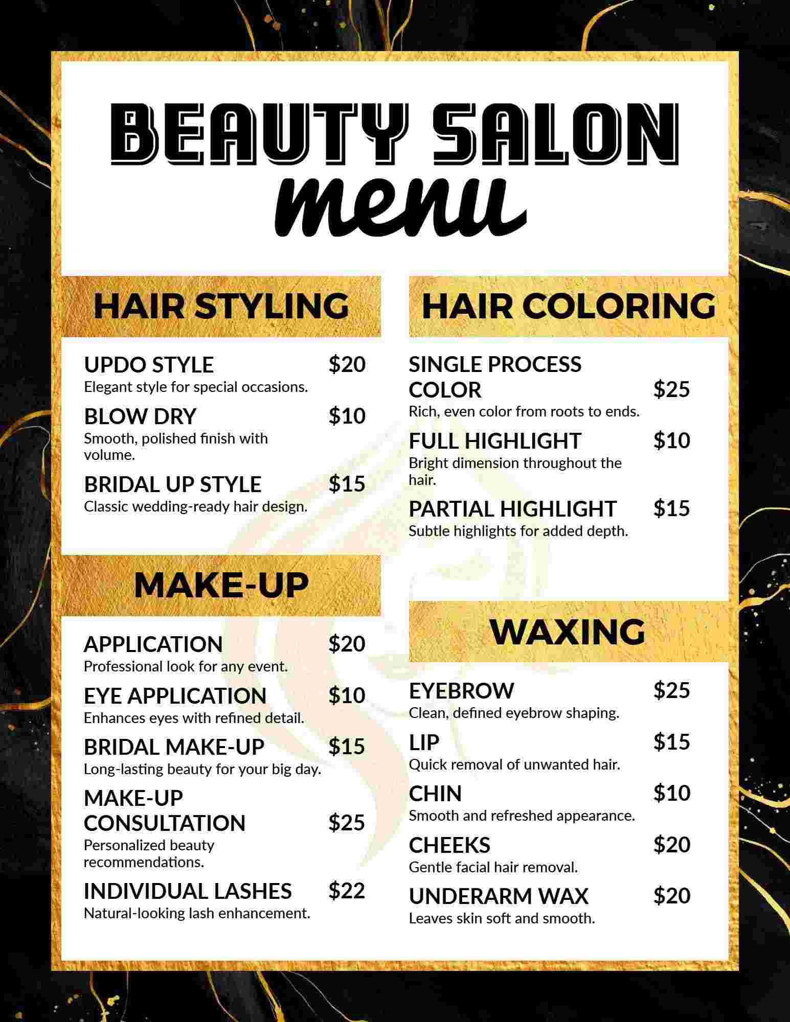 Personalized Styling and Coloring Options Beauty Salon Menu Template