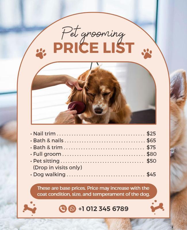 Pet Grooming Services Price List Flyer Template