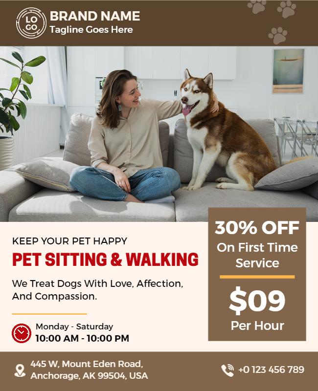 Warm Brown Pet Sitting and Walking Services Flyer Template