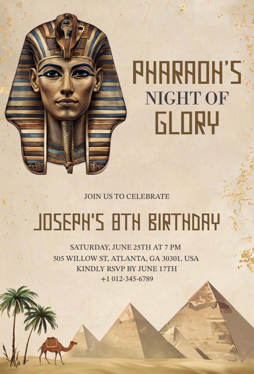 Pharaoh's Night of Glory 8th Birthday Celebration Invitation Template