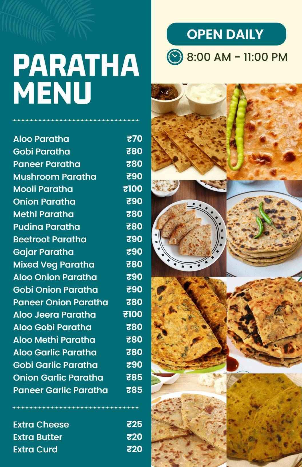 Photo Collage Traditional Paratha Restaurant Menu Template