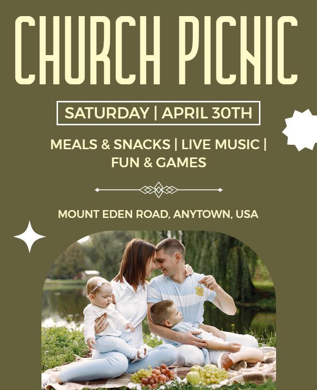 Charming Green Family Church Picnic Gathering Flyer Template