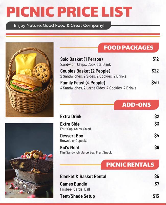 Picnic Price List with Food Packages Flyer Template