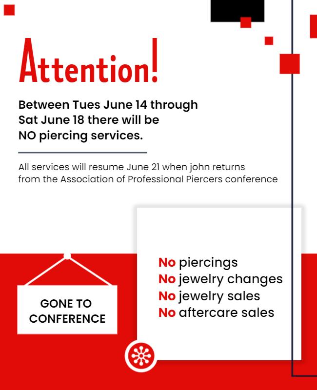 Piercing Service Temporary Closure Announcement Flyer Template