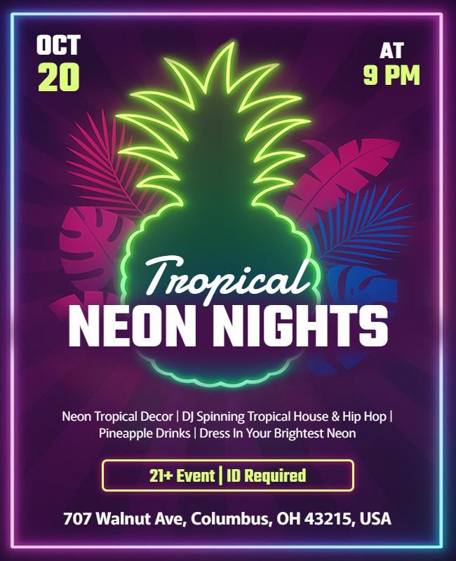 Pineapple Decor Tropical Neon Night Party Event Flyer Template
