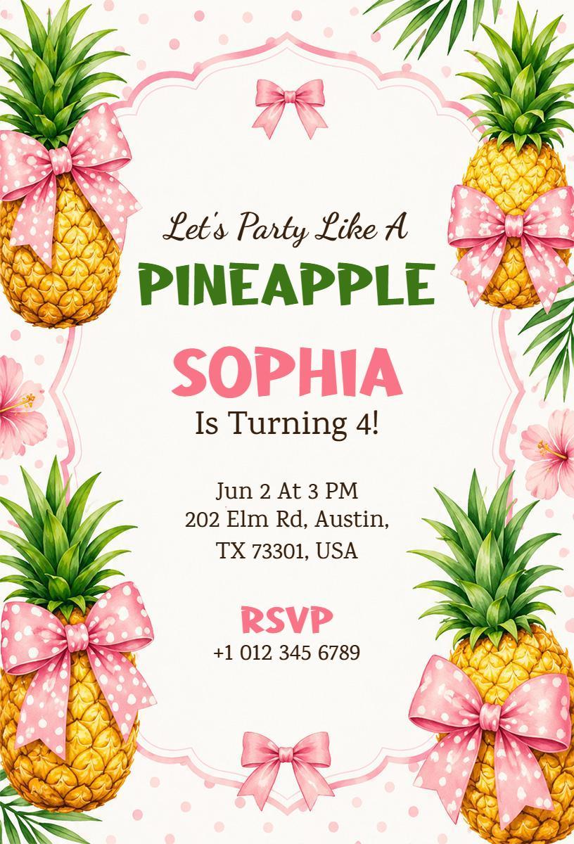 Pineapple Themed Fun Kids Birthday Celebration Invitation Template