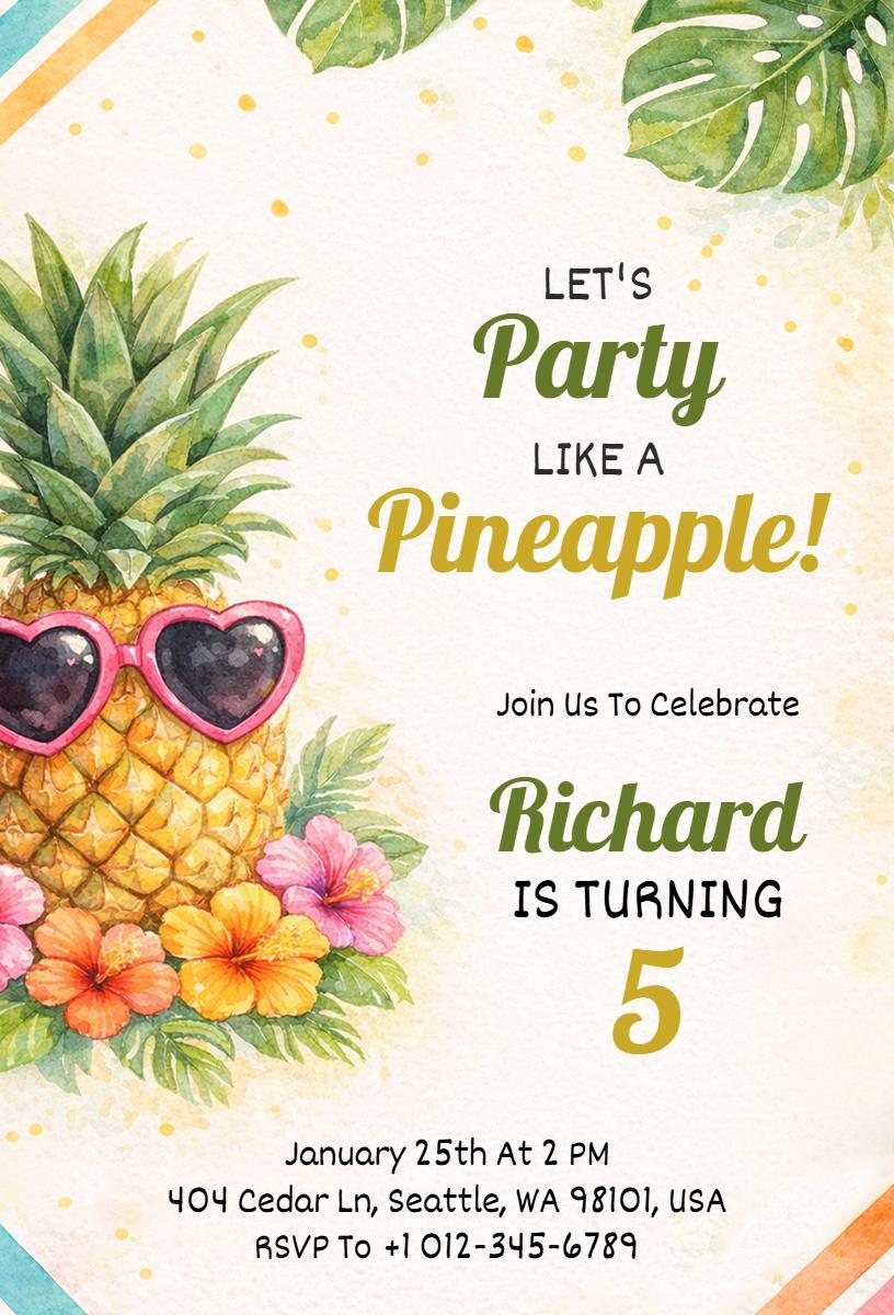 Pineapple Themed Tropical Birthday Celebration Invitation Template