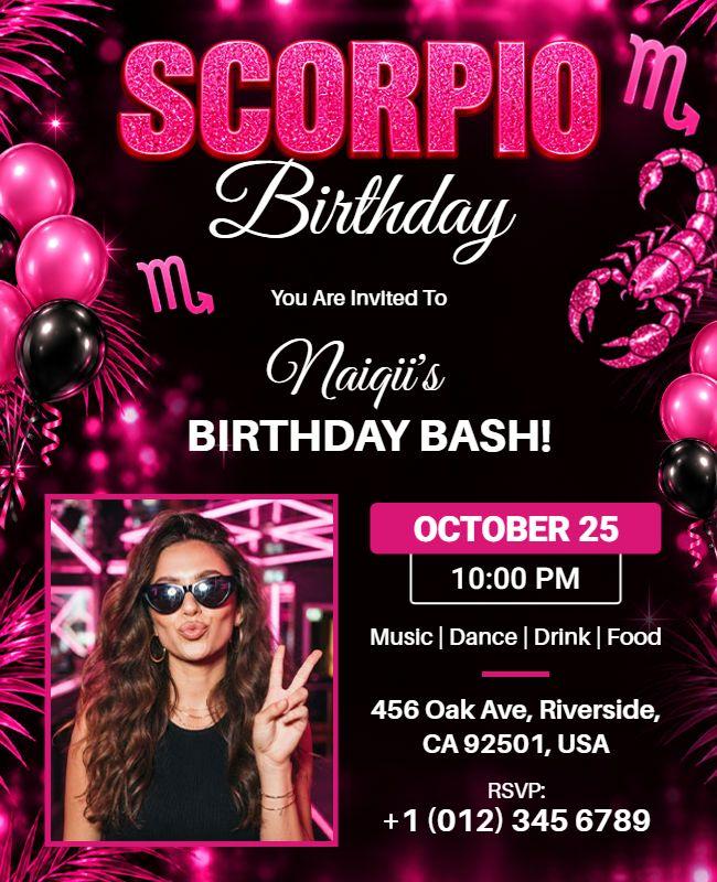 Pink and Black Themed Scorpio Birthday Party Flyer Template