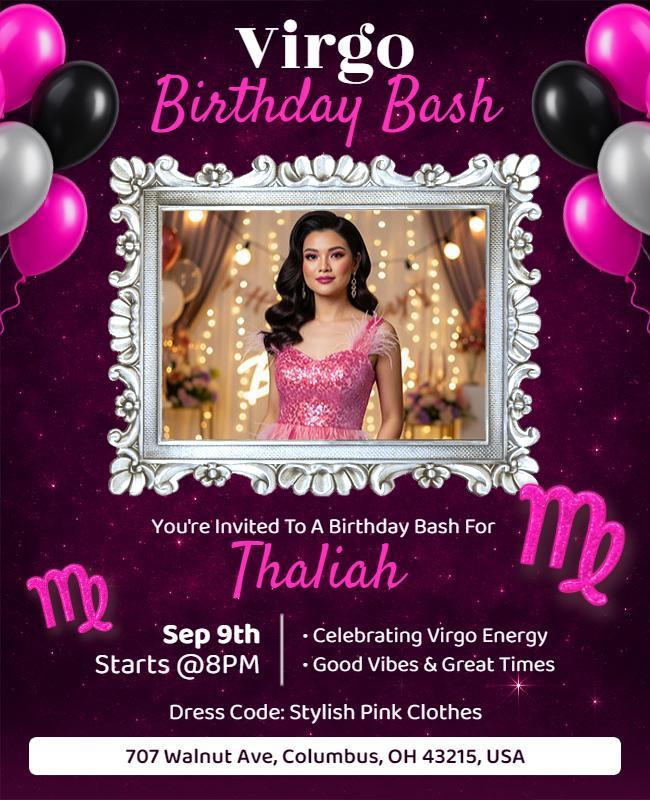 Pink and Black Themed Virgo Zodiac Birthday Bash Flyer Template