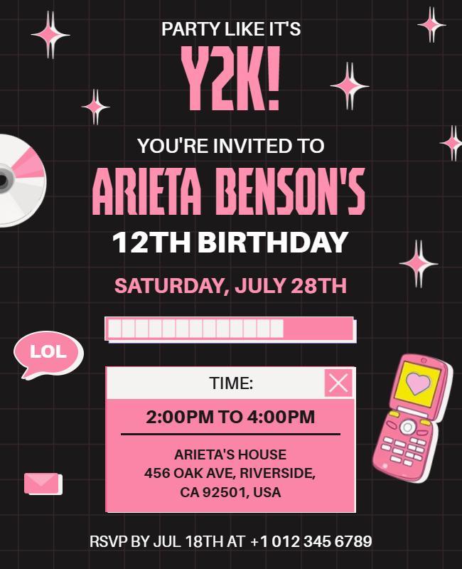 Pink and Black Y2k Birthday Invitation Flyer Template