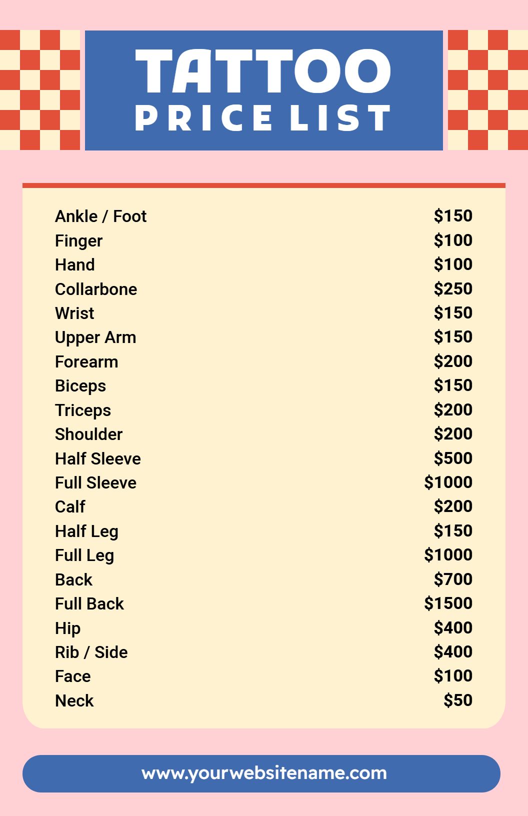 Pink and Blue Retro Tattoo Price List Template