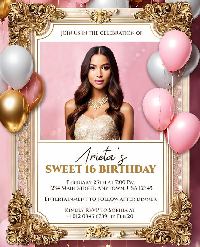 Pink and Gold Sweet 16 Invitation Flyer Template