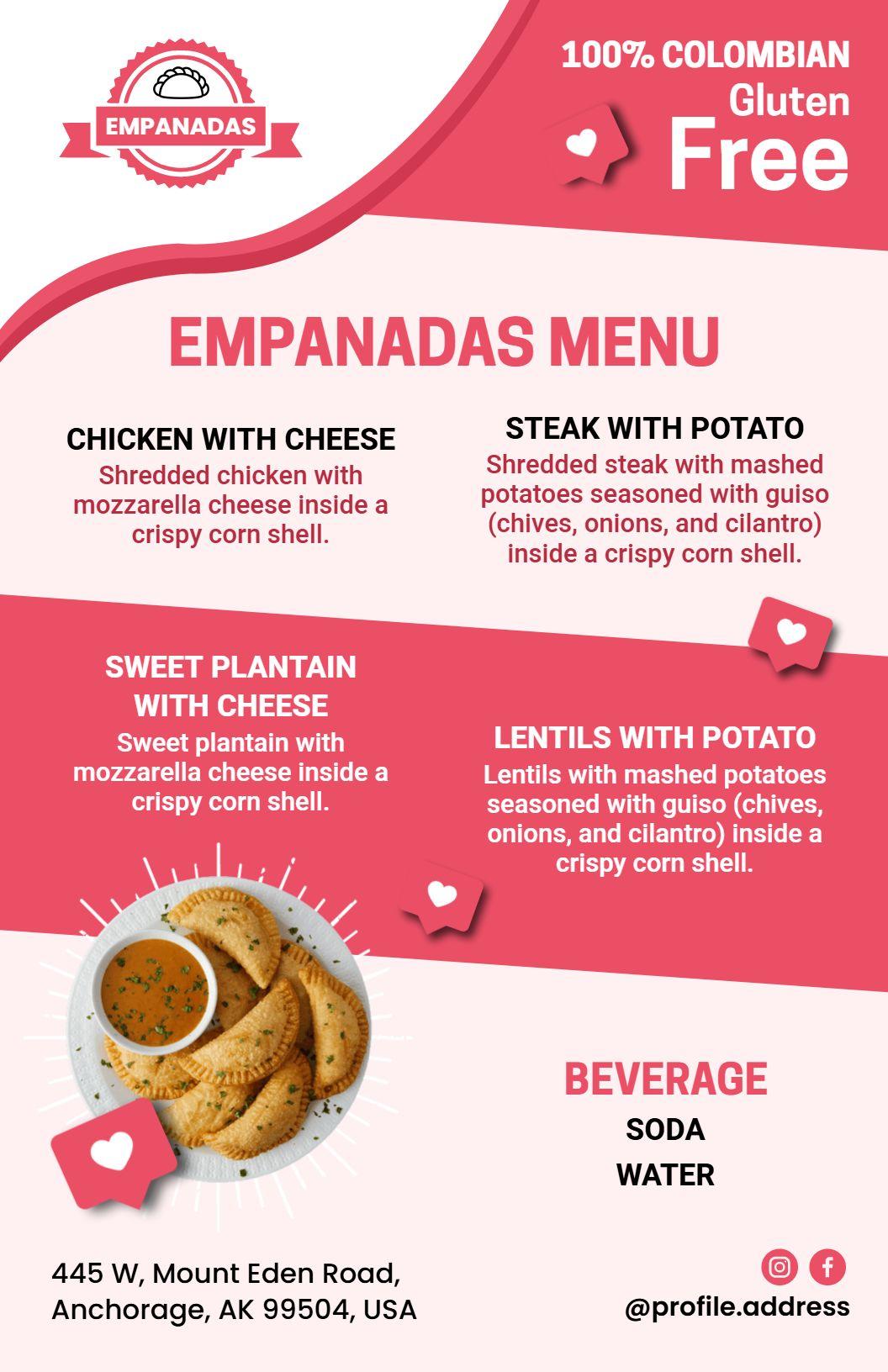 Pink and White Colombian Savory Empanadas Menu Template