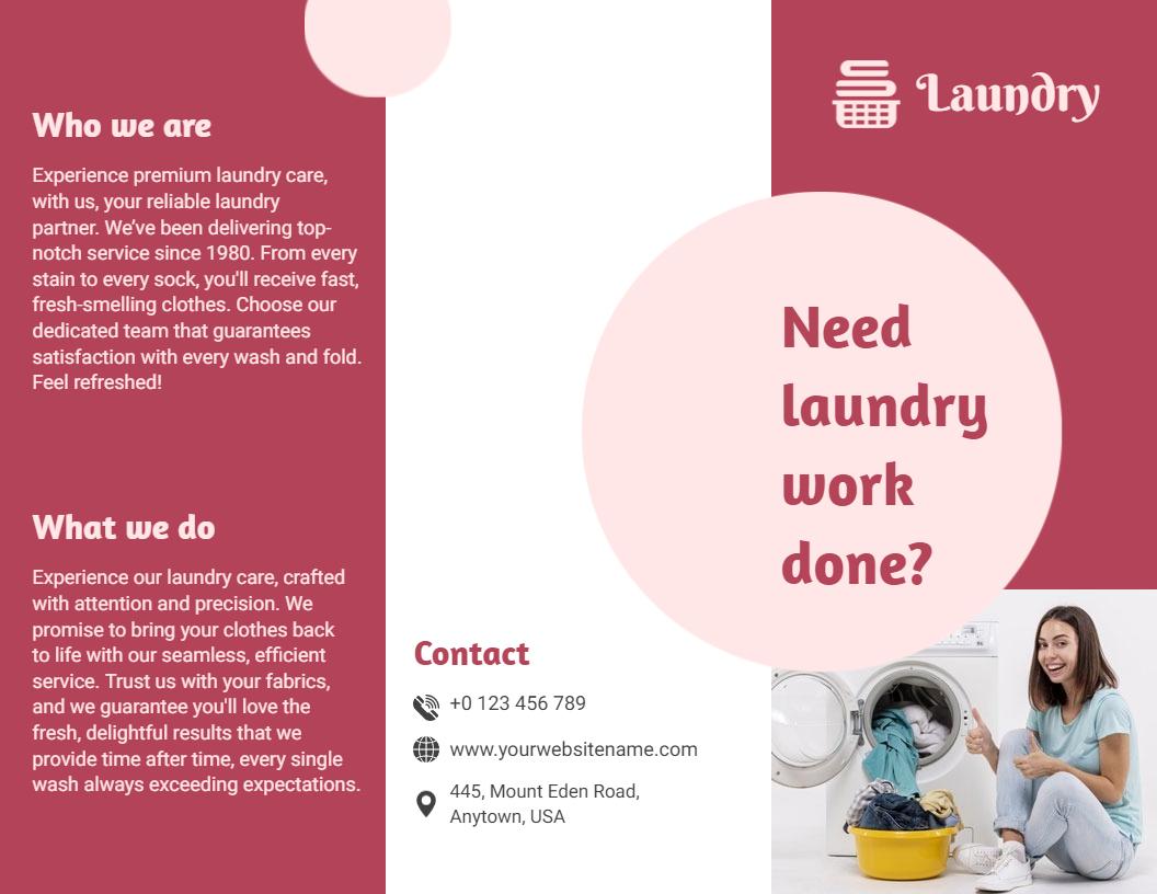 Pink and White Premium Laundry Services Care Brochure Template